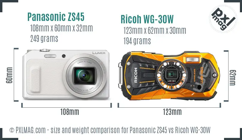 Panasonic ZS45 vs Ricoh WG-30W size comparison