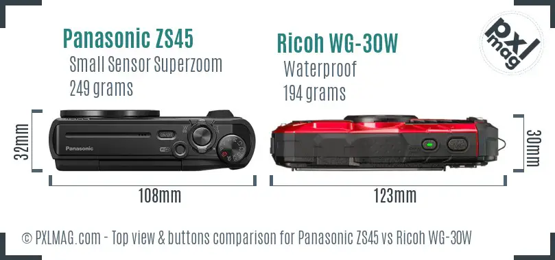 Panasonic ZS45 vs Ricoh WG-30W top view buttons comparison