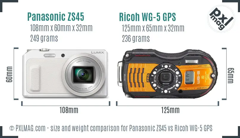 Panasonic ZS45 vs Ricoh WG-5 GPS size comparison