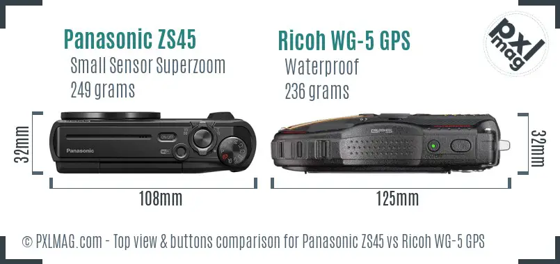 Panasonic ZS45 vs Ricoh WG-5 GPS top view buttons comparison