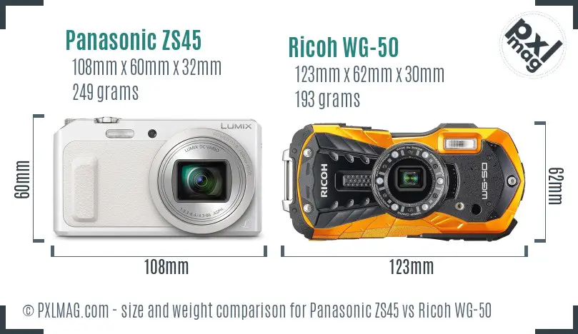 Panasonic ZS45 vs Ricoh WG-50 size comparison