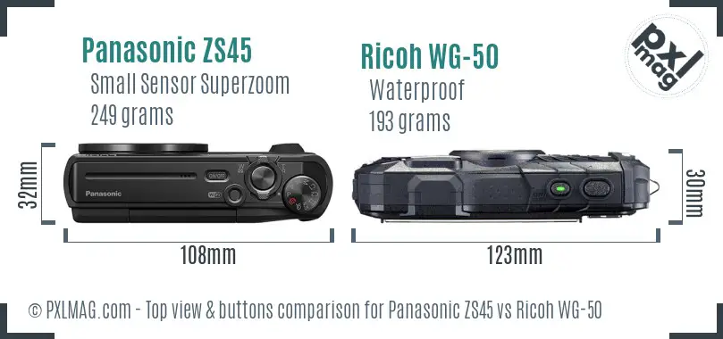 Panasonic ZS45 vs Ricoh WG-50 top view buttons comparison