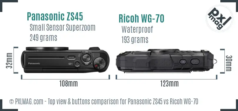 Panasonic ZS45 vs Ricoh WG-70 top view buttons comparison