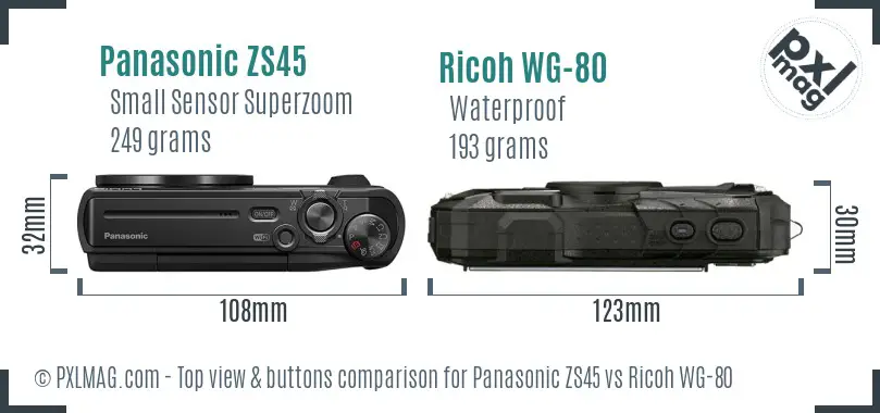 Panasonic ZS45 vs Ricoh WG-80 top view buttons comparison Panasonic ZS45 vs Ricoh WG-80 top view buttons comparison