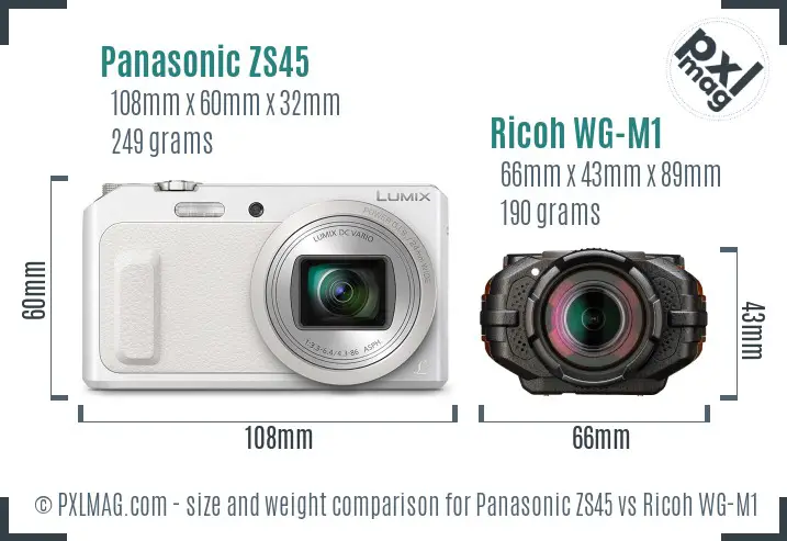 Panasonic ZS45 vs Ricoh WG-M1 size comparison