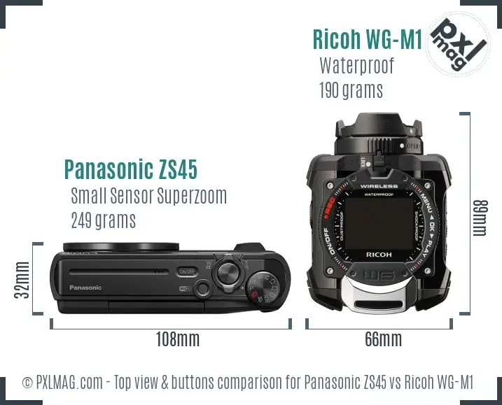 Panasonic ZS45 vs Ricoh WG-M1 top view buttons comparison