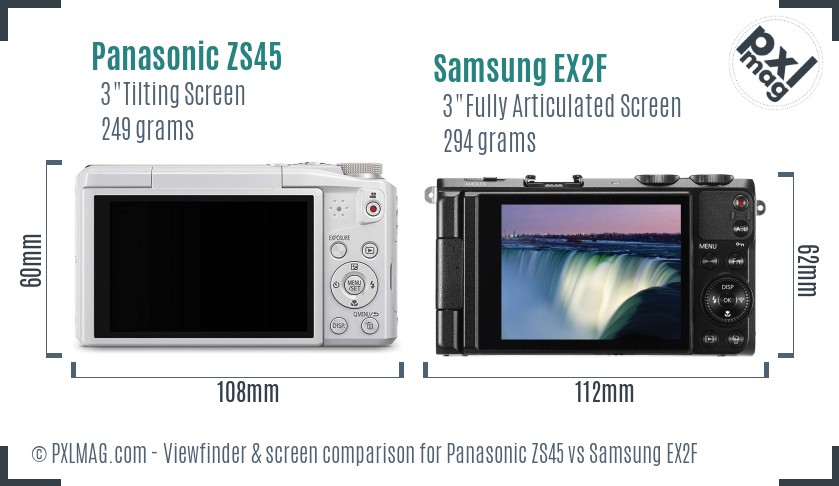 Panasonic ZS45 vs Samsung EX2F Screen and Viewfinder comparison