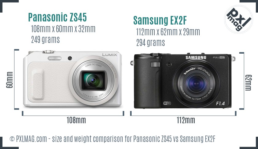 Panasonic ZS45 vs Samsung EX2F size comparison