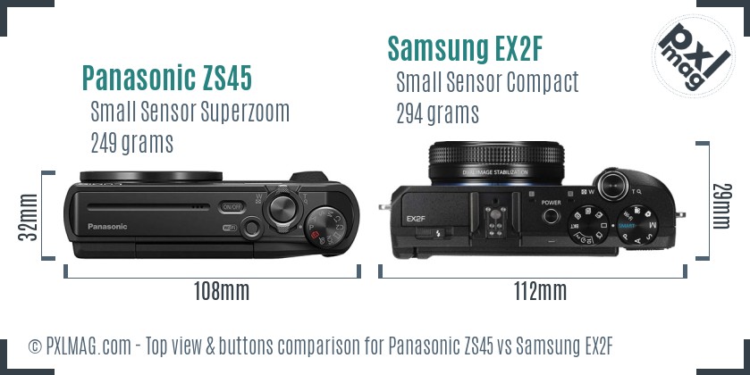 Panasonic ZS45 vs Samsung EX2F top view buttons comparison