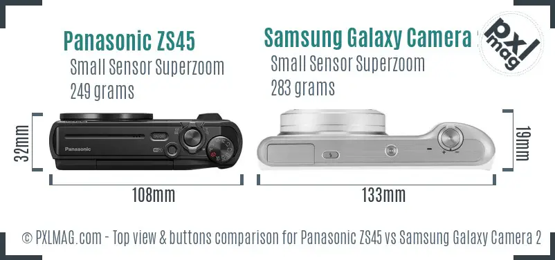Panasonic ZS45 vs Samsung Galaxy Camera 2 top view buttons comparison Panasonic ZS45 vs Samsung Galaxy Camera 2 top view buttons comparison