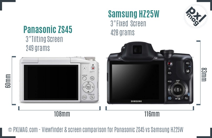 Panasonic ZS45 vs Samsung HZ25W Screen and Viewfinder comparison