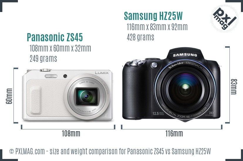Panasonic ZS45 vs Samsung HZ25W size comparison