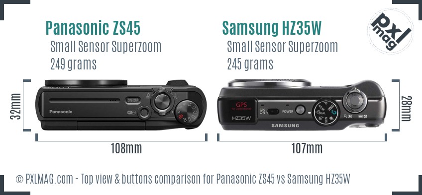 Panasonic ZS45 vs Samsung HZ35W top view buttons comparison
