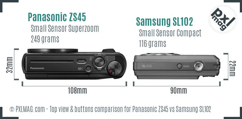Panasonic ZS45 vs Samsung SL102 top view buttons comparison Panasonic ZS45 vs Samsung SL102 top view buttons comparison