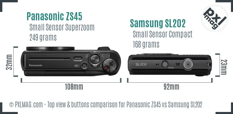 Panasonic ZS45 vs Samsung SL202 top view buttons comparison Panasonic ZS45 vs Samsung SL202 top view buttons comparison
