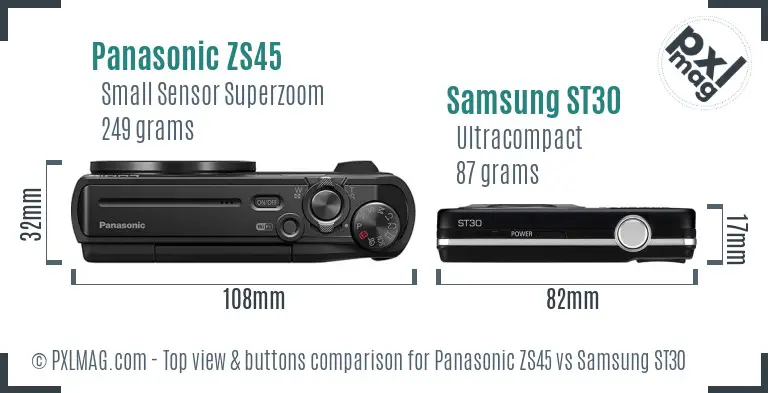 Panasonic ZS45 vs Samsung ST30 top view buttons comparison