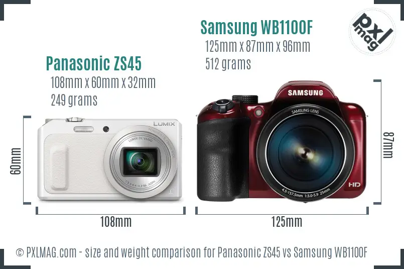Panasonic ZS45 vs Samsung WB1100F size comparison