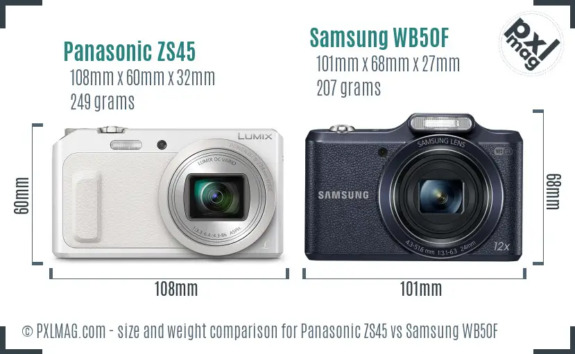 Panasonic ZS45 vs Samsung WB50F size comparison