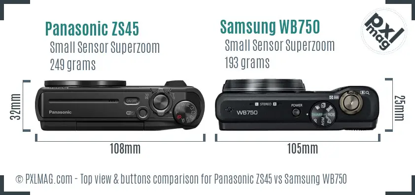 Panasonic ZS45 vs Samsung WB750 top view buttons comparison Panasonic ZS45 vs Samsung WB750 top view buttons comparison