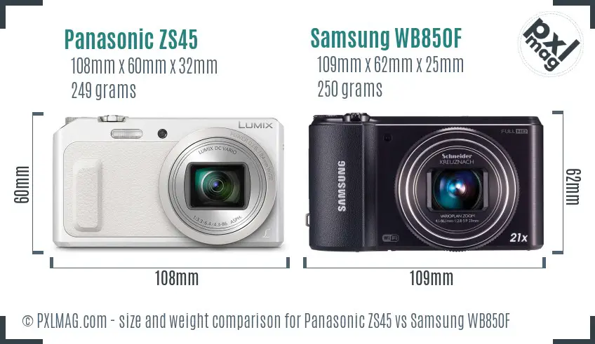 Panasonic ZS45 vs Samsung WB850F size comparison