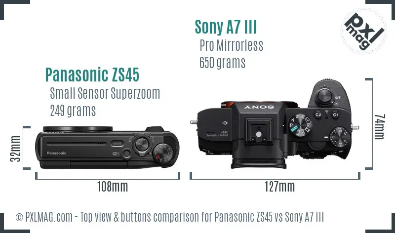 Panasonic ZS45 vs Sony A7 III top view buttons comparison