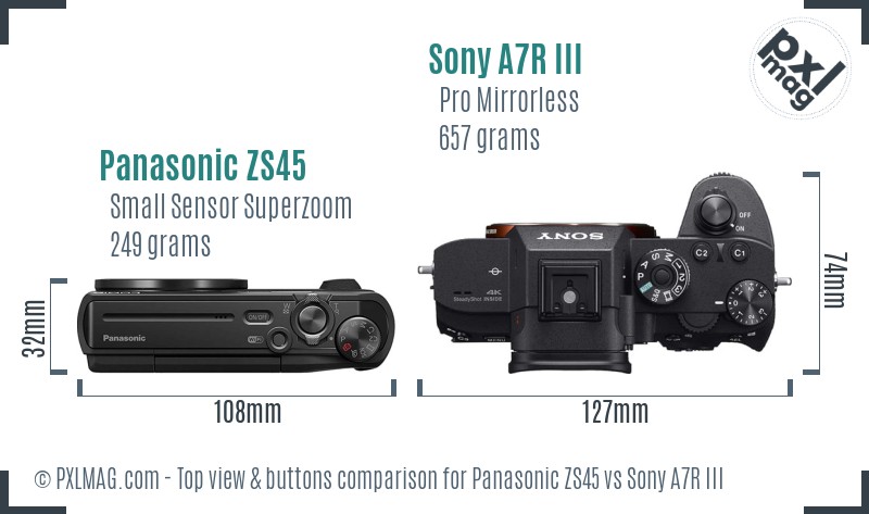 Panasonic ZS45 vs Sony A7R III top view buttons comparison