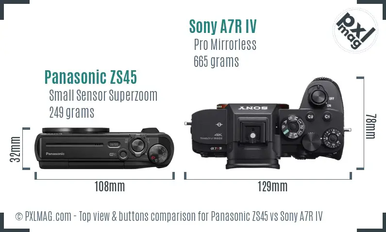 Panasonic ZS45 vs Sony A7R IV top view buttons comparison