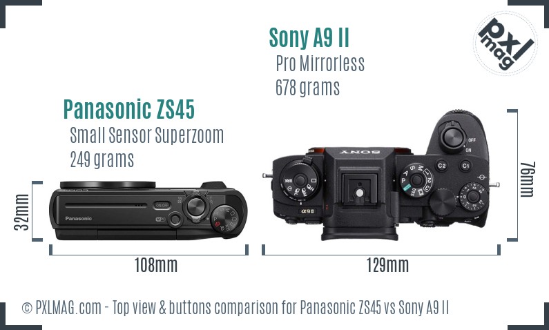 Panasonic ZS45 vs Sony A9 II top view buttons comparison