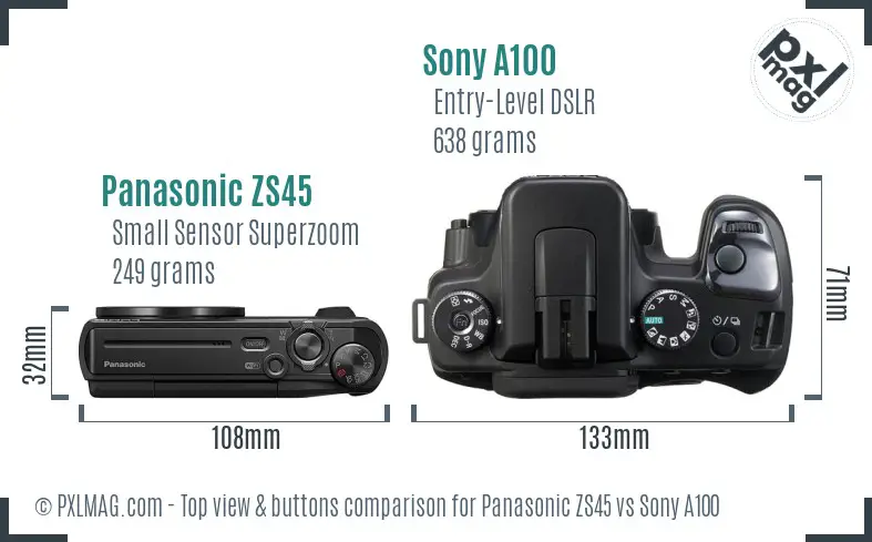 Panasonic ZS45 vs Sony A100 top view buttons comparison Panasonic ZS45 vs Sony A100 top view buttons comparison