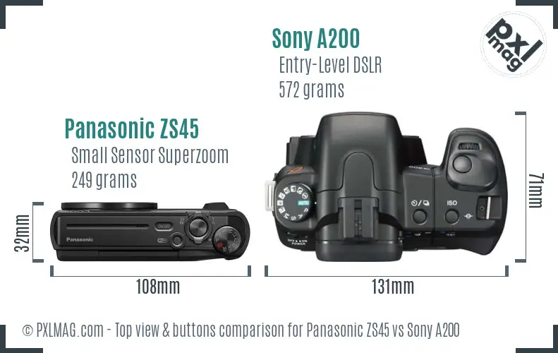 Panasonic ZS45 vs Sony A200 top view buttons comparison Panasonic ZS45 vs Sony A200 top view buttons comparison