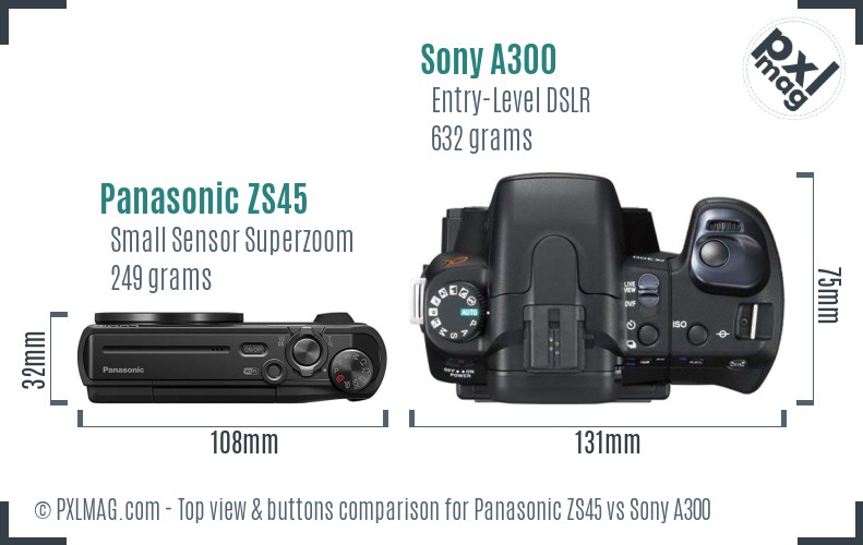 Panasonic ZS45 vs Sony A300 top view buttons comparison
