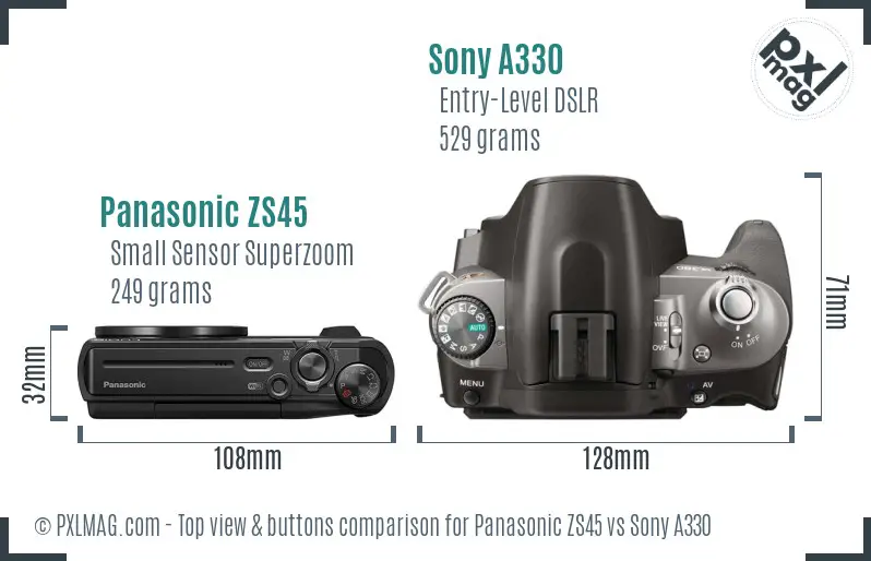 Panasonic ZS45 vs Sony A330 top view buttons comparison