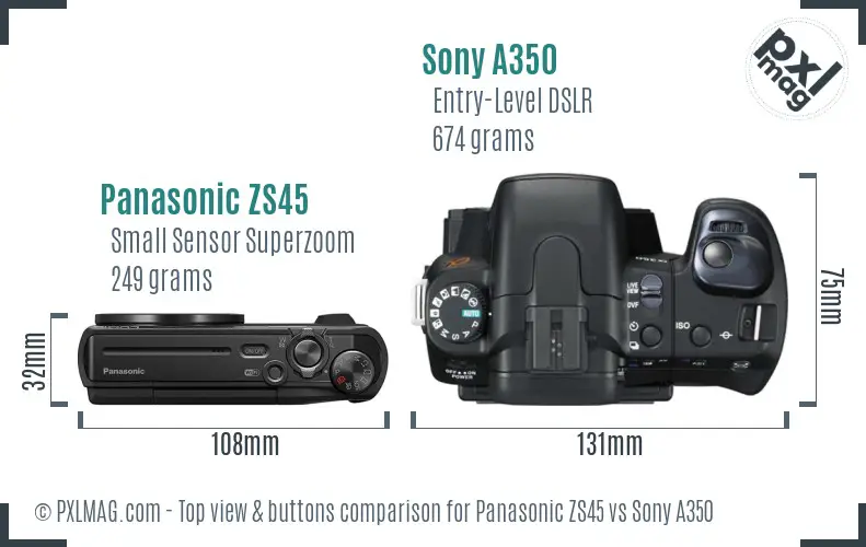 Panasonic ZS45 vs Sony A350 top view buttons comparison