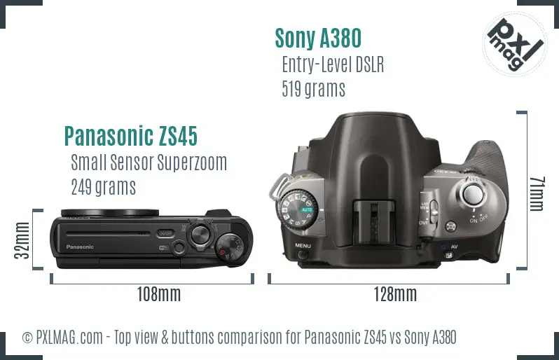 Panasonic ZS45 vs Sony A380 top view buttons comparison Panasonic ZS45 vs Sony A380 top view buttons comparison