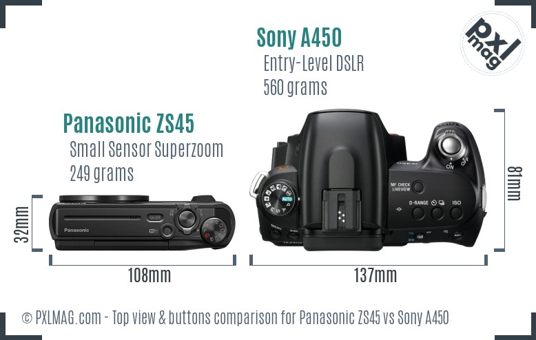 Panasonic ZS45 vs Sony A450 top view buttons comparison