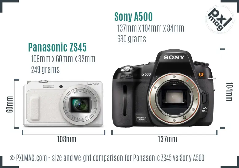 Panasonic ZS45 vs Sony A500 size comparison