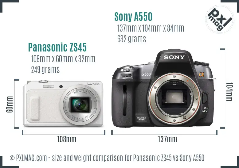 Panasonic ZS45 vs Sony A550 size comparison