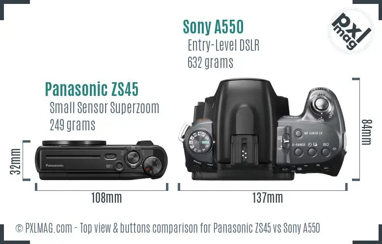 Panasonic ZS45 vs Sony A550 top view buttons comparison