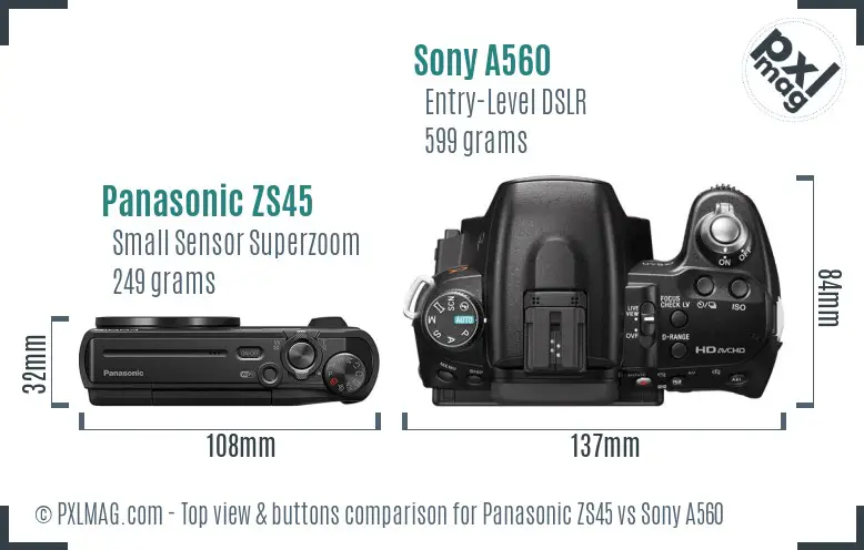 Panasonic ZS45 vs Sony A560 top view buttons comparison