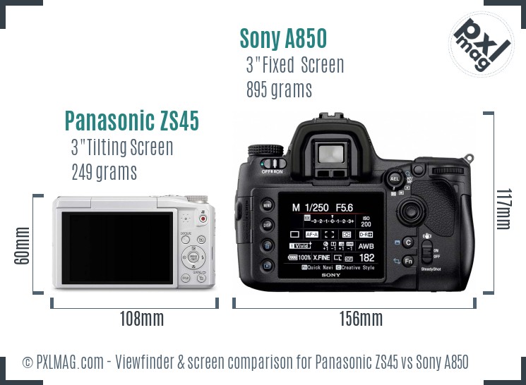 Panasonic ZS45 vs Sony A850 Screen and Viewfinder comparison