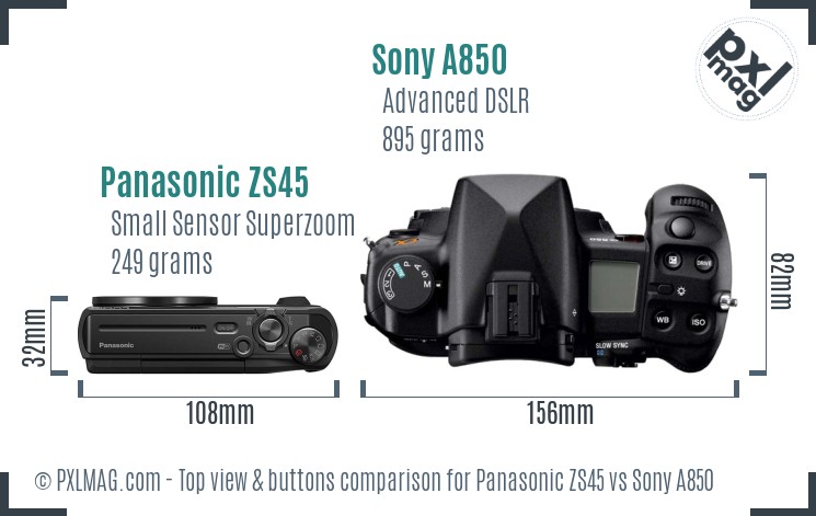 Panasonic ZS45 vs Sony A850 top view buttons comparison
