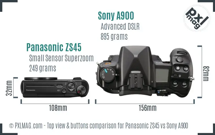 Panasonic ZS45 vs Sony A900 top view buttons comparison