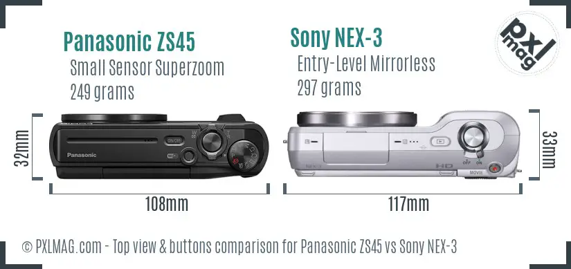 Panasonic ZS45 vs Sony NEX-3 top view buttons comparison Panasonic ZS45 vs Sony NEX-3 top view buttons comparison