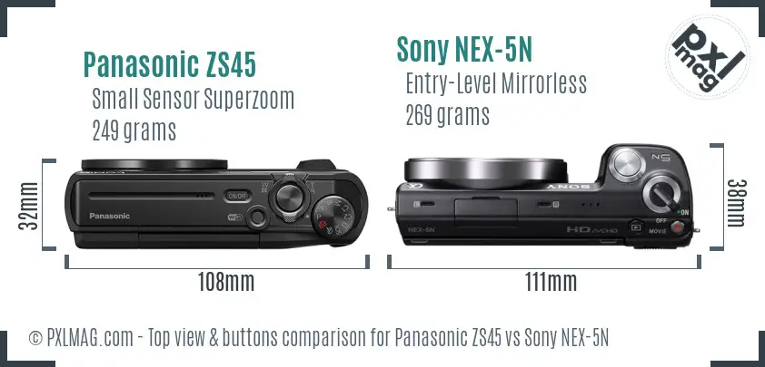 Panasonic ZS45 vs Sony NEX-5N top view buttons comparison