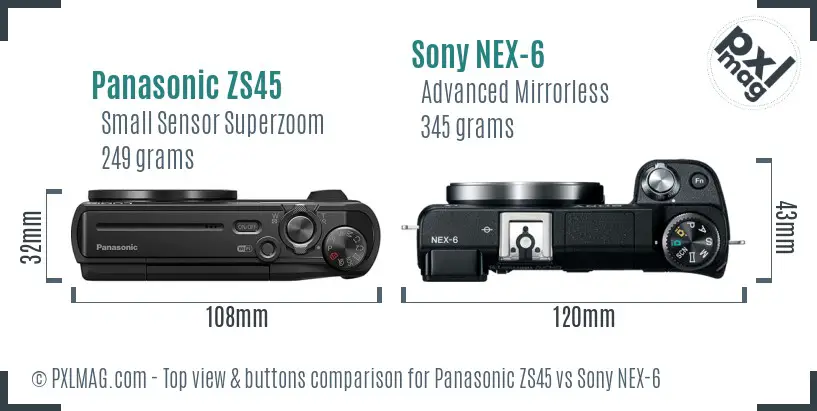 Panasonic ZS45 vs Sony NEX-6 top view buttons comparison Panasonic ZS45 vs Sony NEX-6 top view buttons comparison