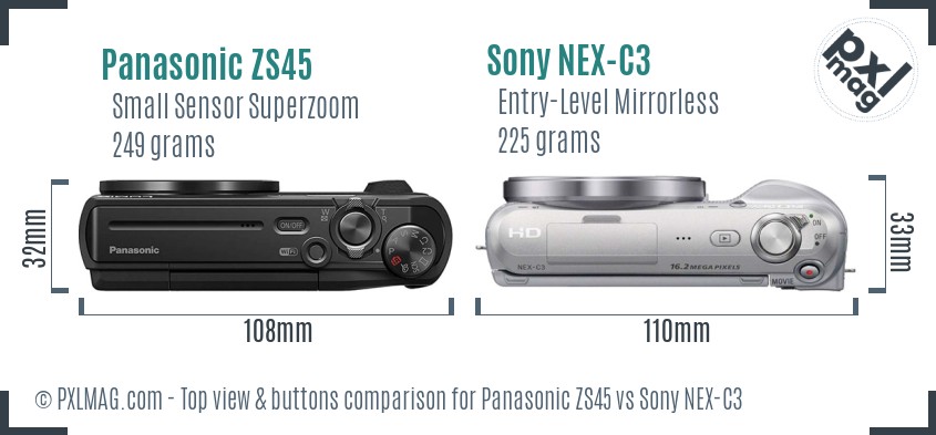 Panasonic ZS45 vs Sony NEX-C3 top view buttons comparison
