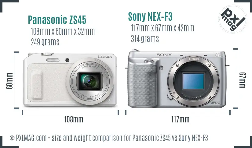 Panasonic ZS45 vs Sony NEX-F3 size comparison