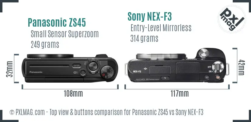 Panasonic ZS45 vs Sony NEX-F3 top view buttons comparison
