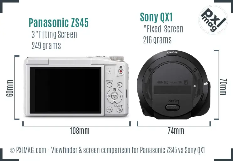 Panasonic ZS45 vs Sony QX1 Screen and Viewfinder comparison