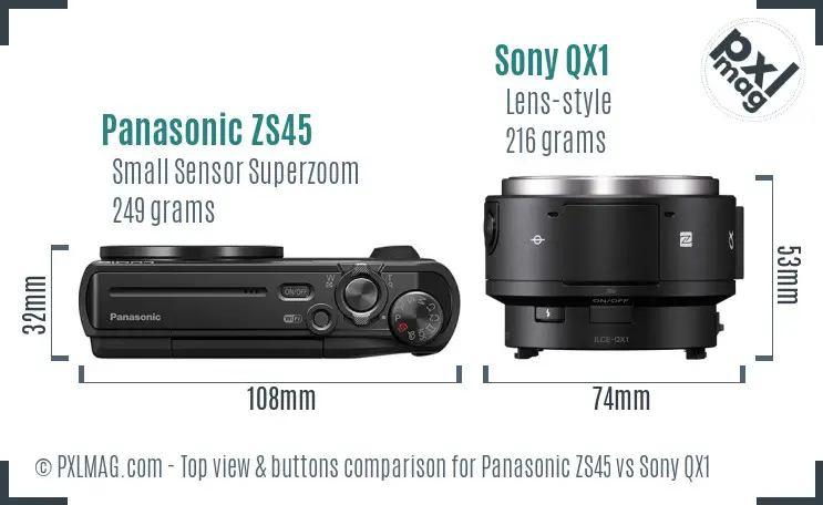 Panasonic ZS45 vs Sony QX1 top view buttons comparison